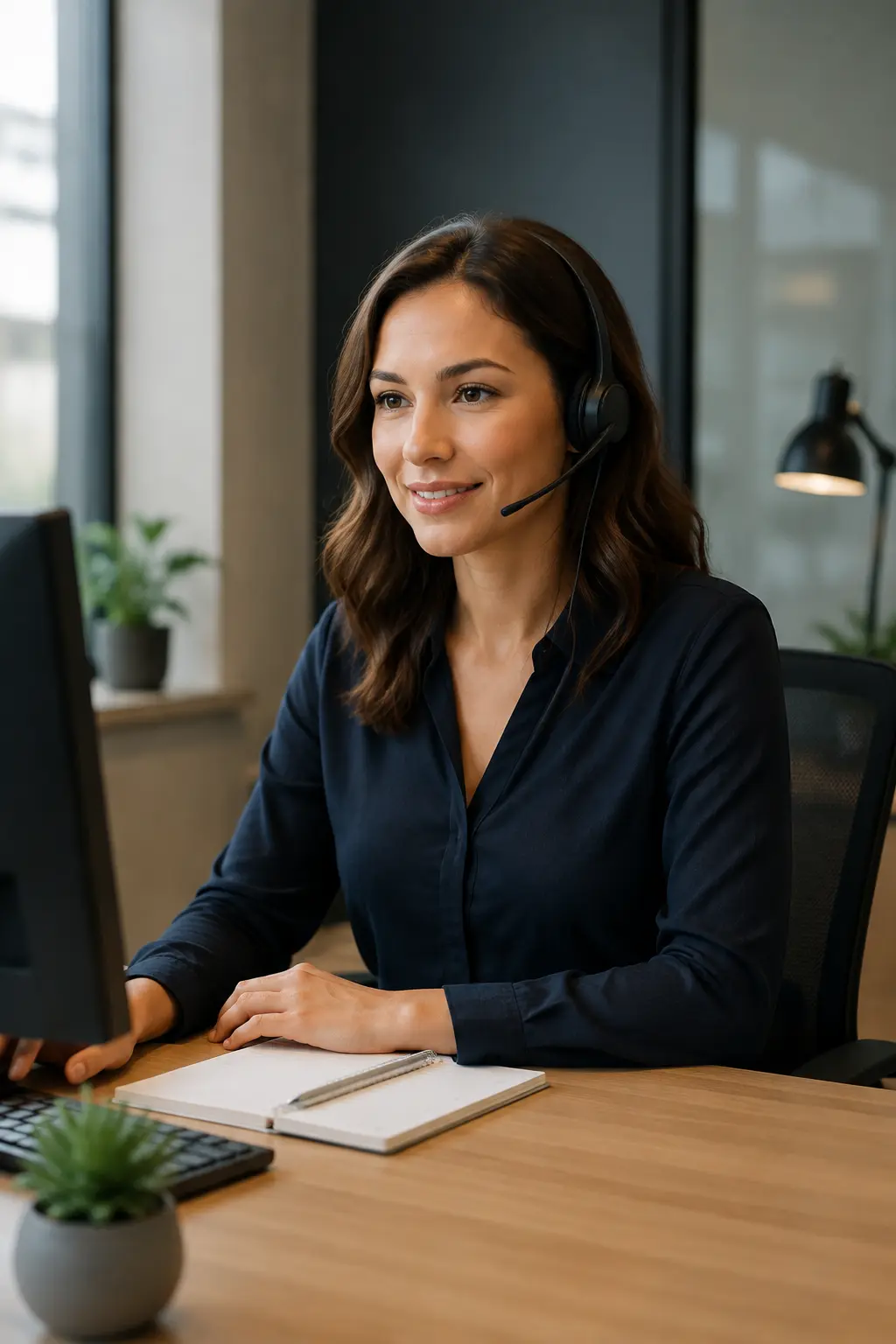 Customer support professional wearing a headset at her desk