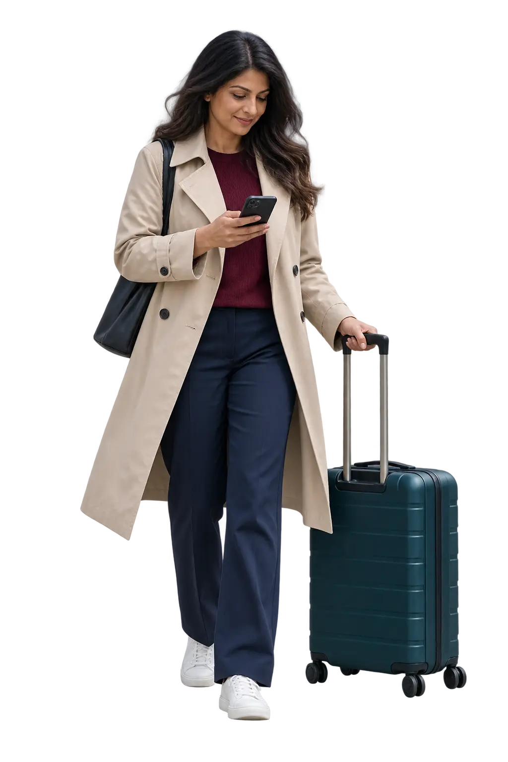 Traveller checking her phone beside a wheeled suitcase
