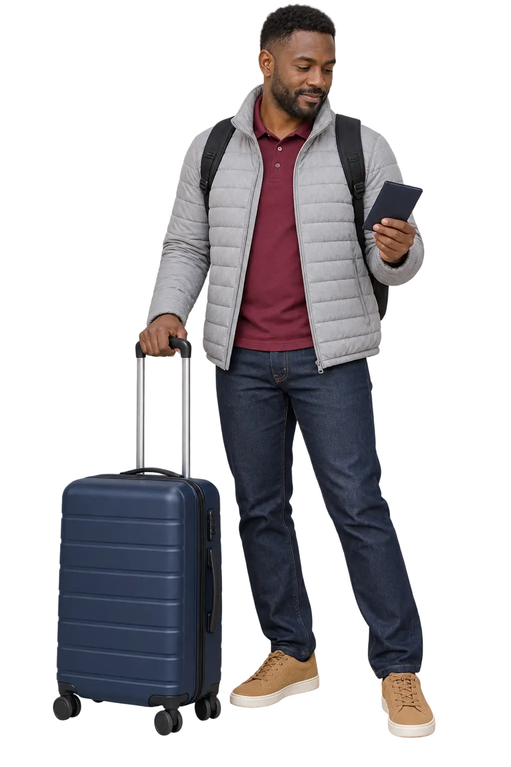 Traveller checking his phone beside a navy suitcase