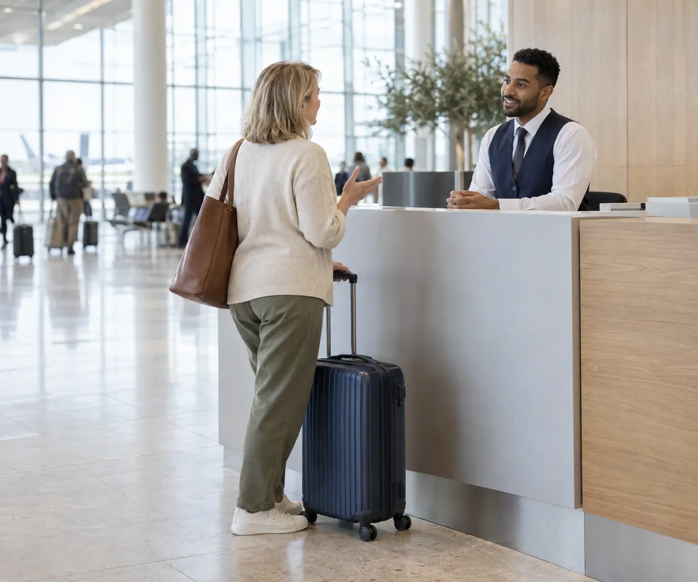 Traveller asking for information at an airport service desk