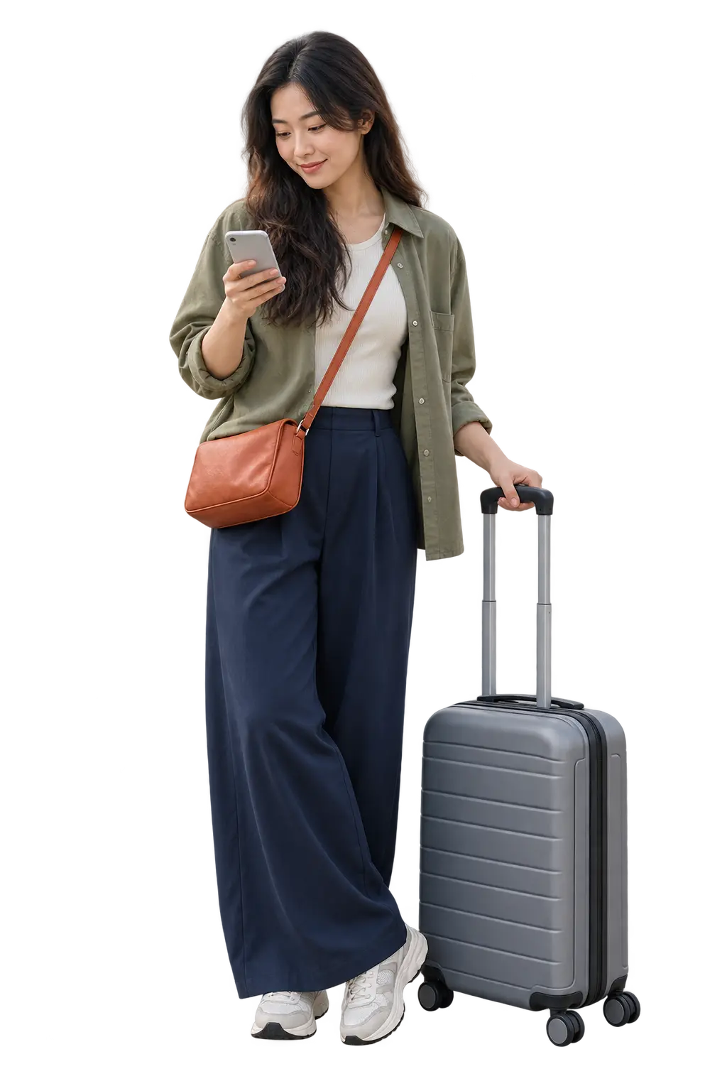Traveller checking journey details on her phone beside a suitcase