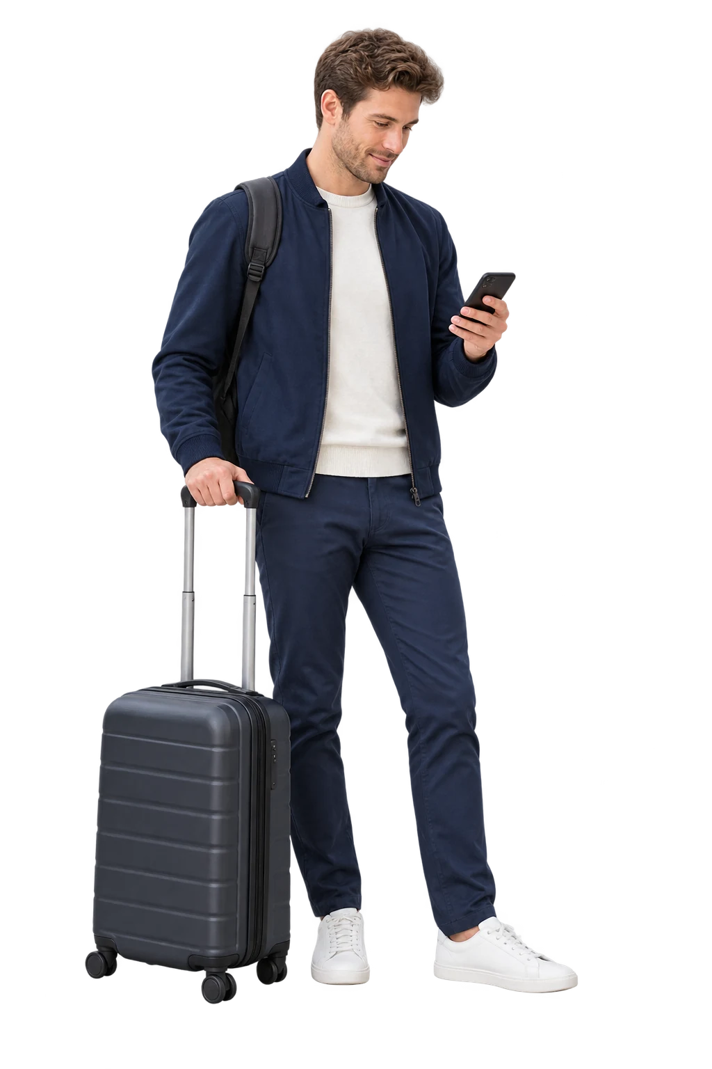 Traveller checking Terminal 4 transfer details beside cabin luggage