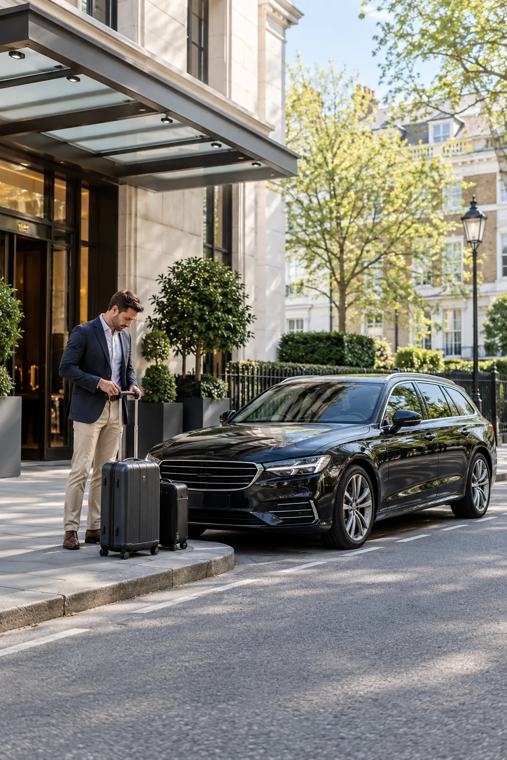 Traveller with luggage beside a parked executive estate car at the kerb