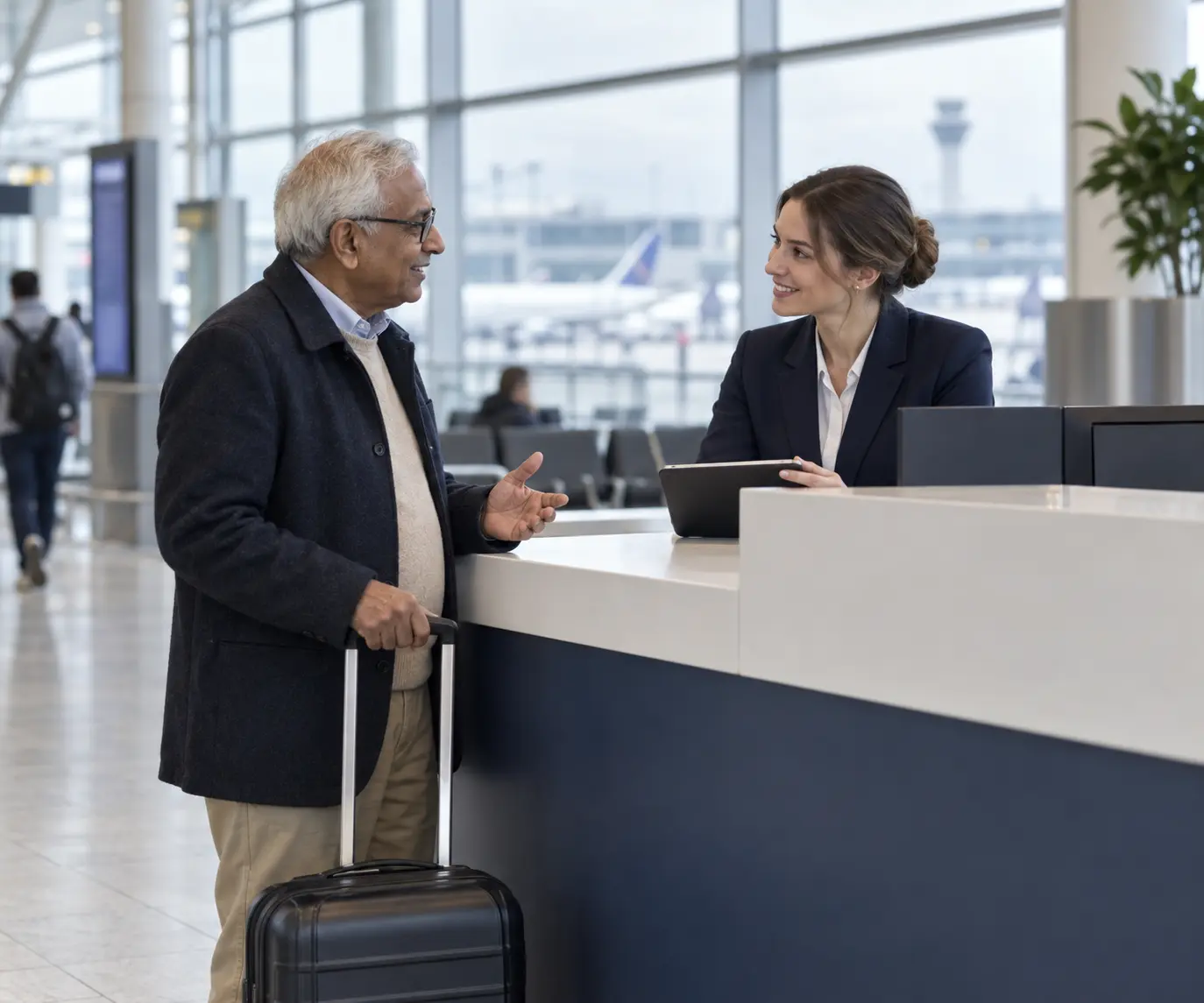 Older traveller speaking with a member of staff at an airport help desk