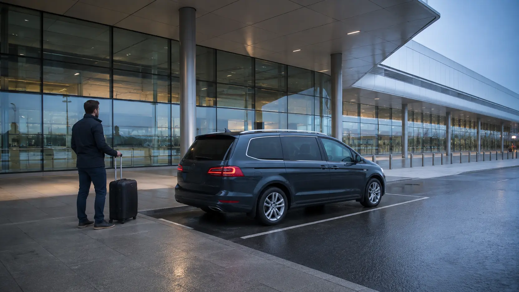 Traveller waiting with luggage beside a parked people carrier outside an airport terminal