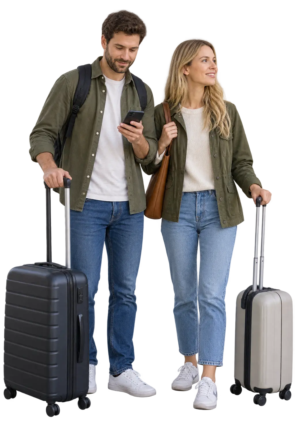 Arriving couple checking pickup details beside two wheeled suitcases