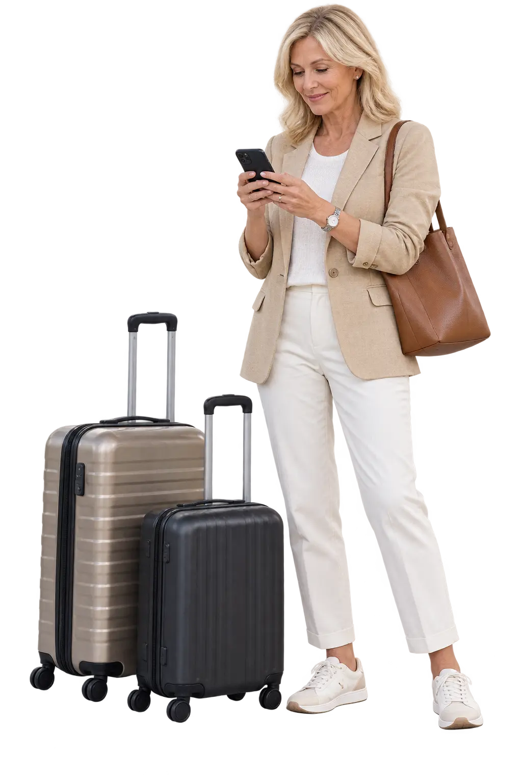 Mature traveller checking transfer details beside two wheeled suitcases