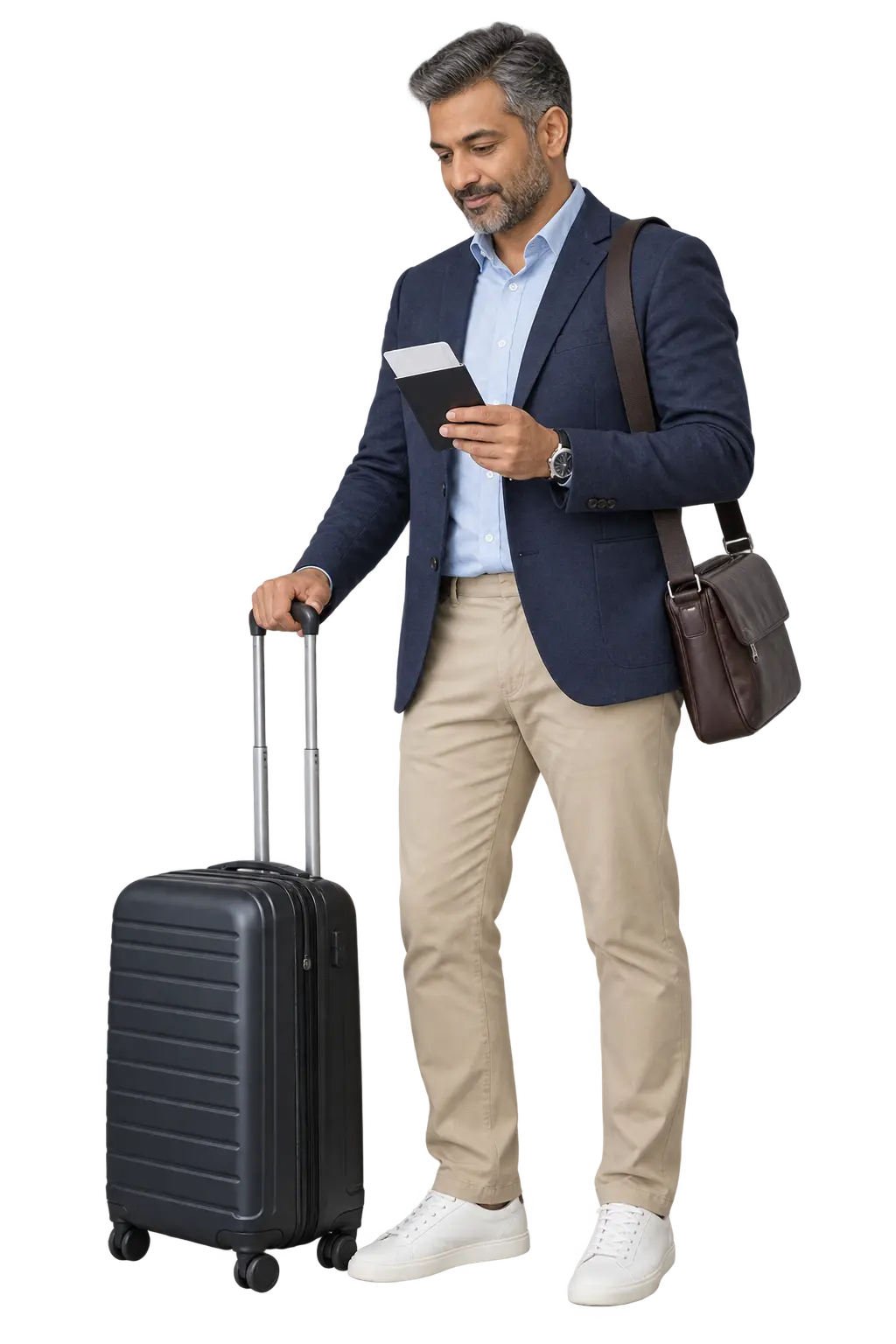 Traveller checking departure details beside a wheeled suitcase