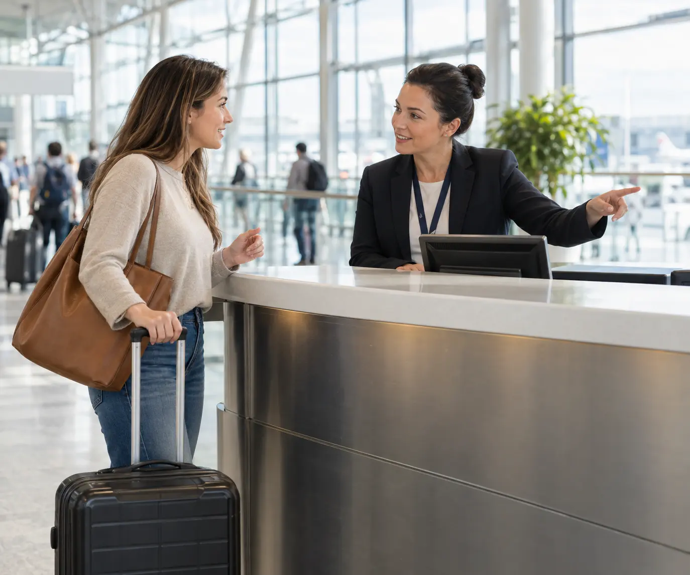 Traveller asking for help at an airport information counter