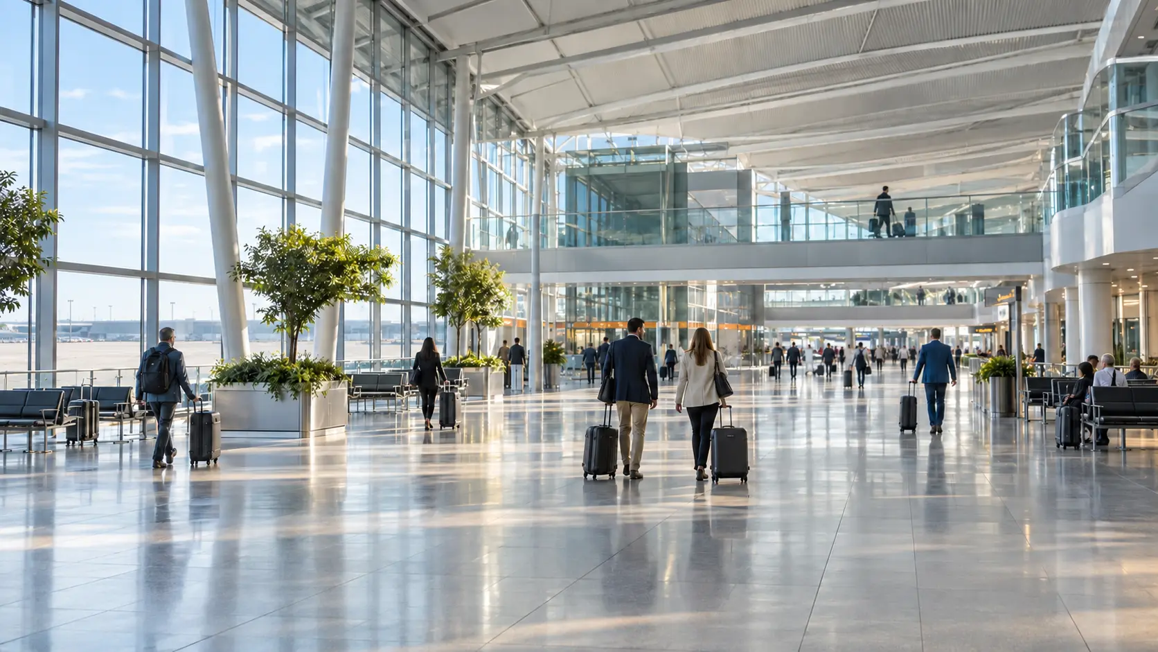 Travellers crossing a bright and spacious airport concourse