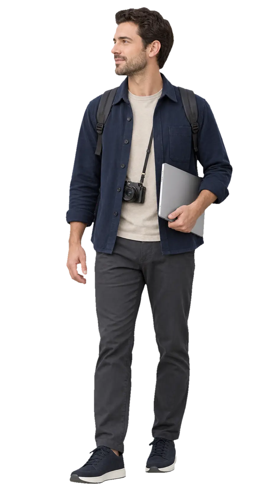Traveller with a camera and laptop ready for an onward journey