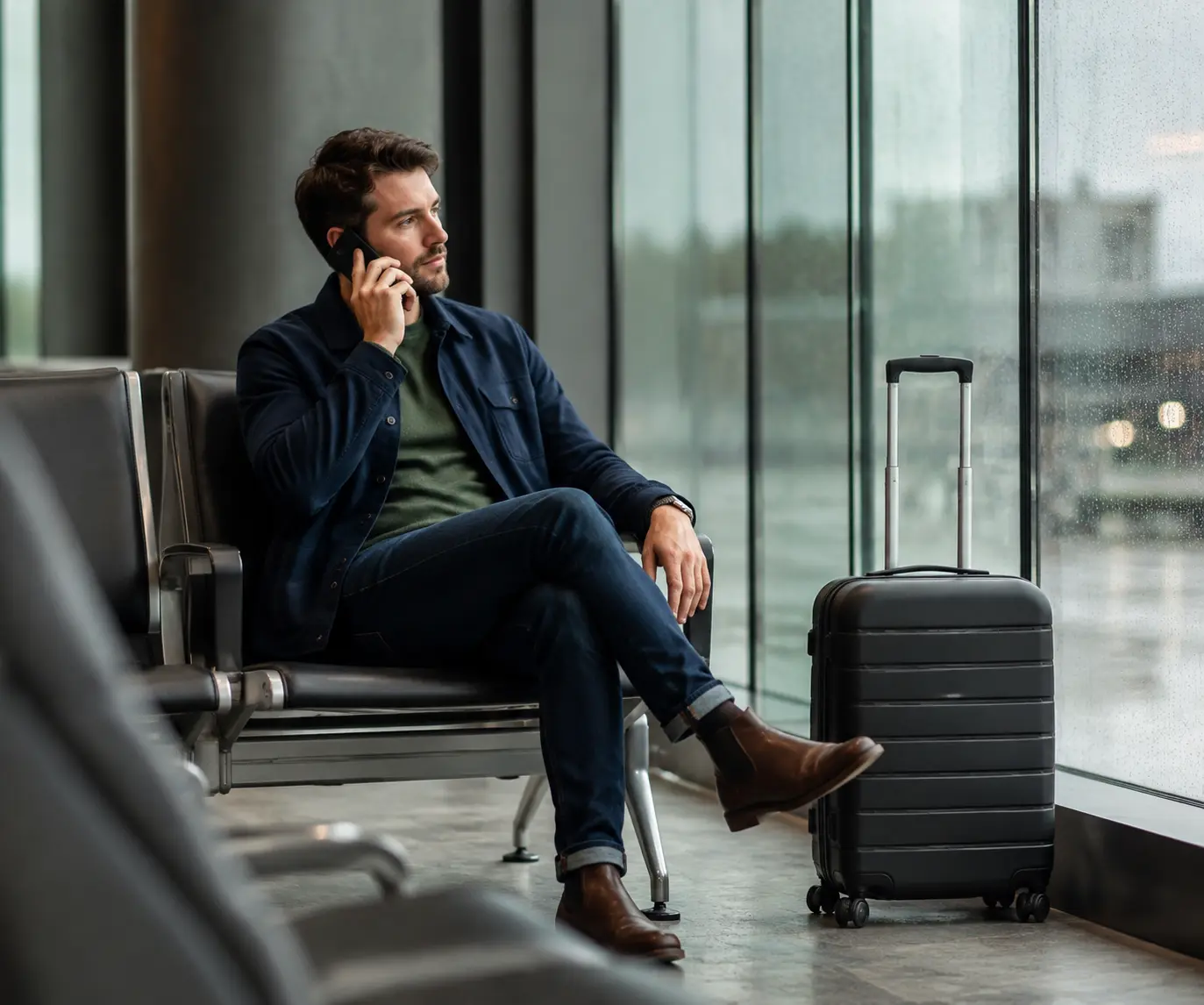 Seated traveller making a phone call beside his suitcase