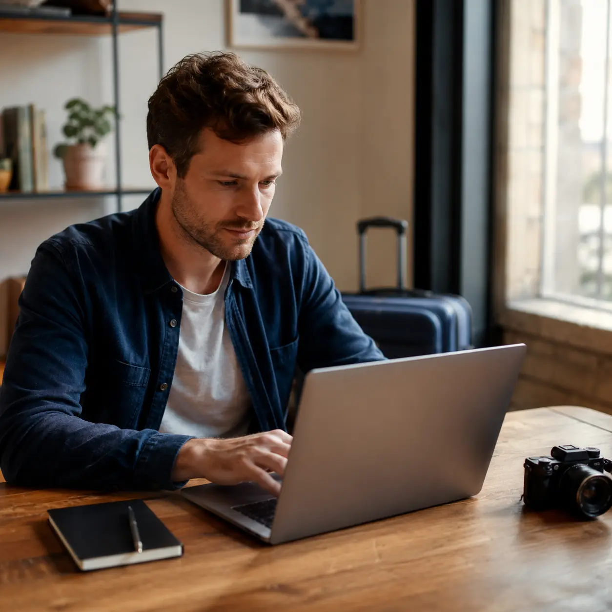 Travel publisher working on airport transfer content at a laptop