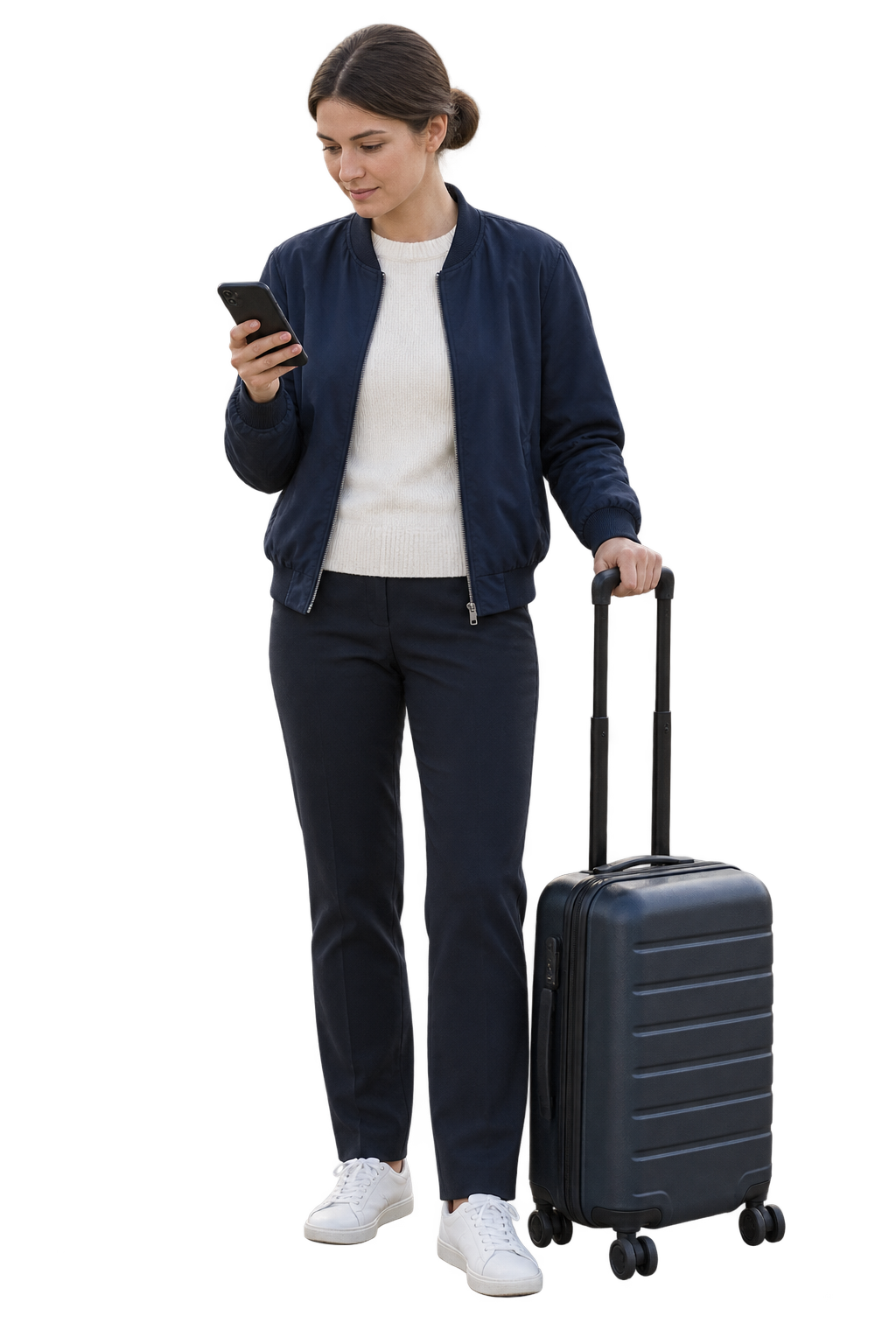 Traveller checking her phone beside a suitcase