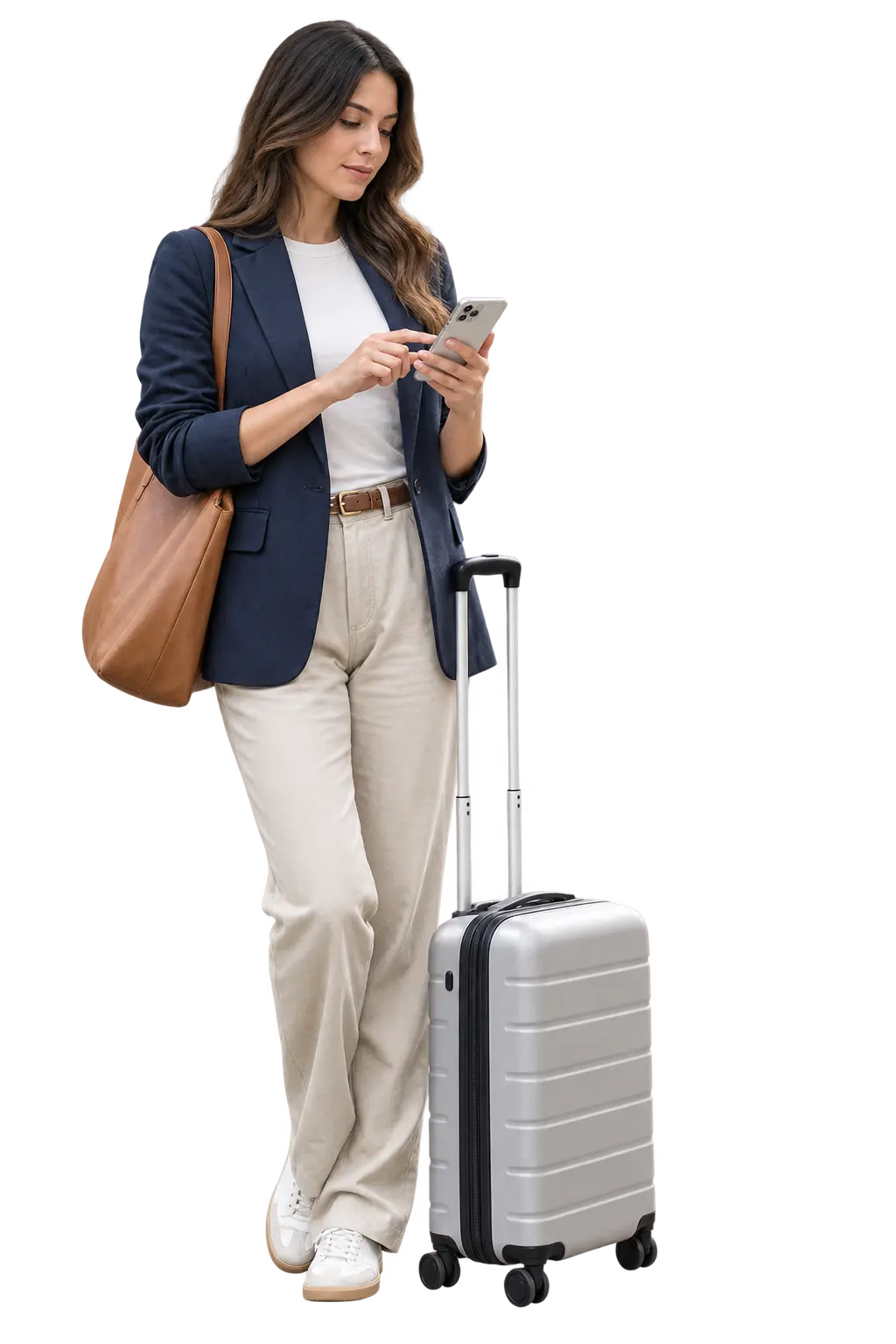 Traveller checking journey details beside her silver suitcase
