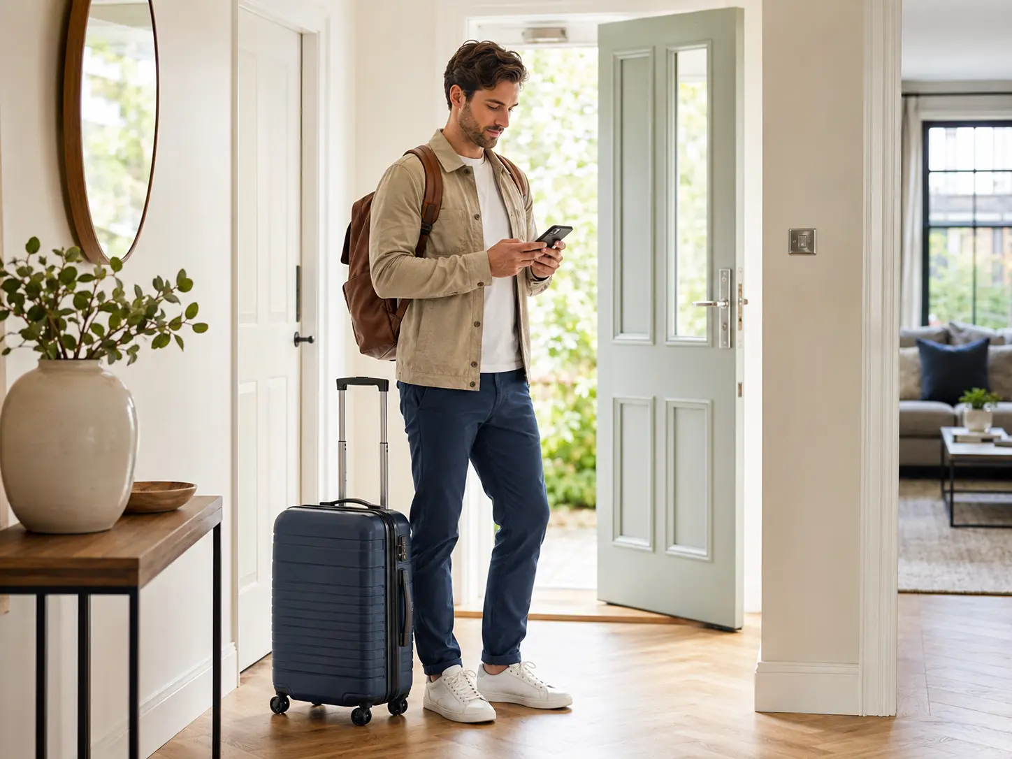 Traveller confirming an airport taxi booking on a phone before departure