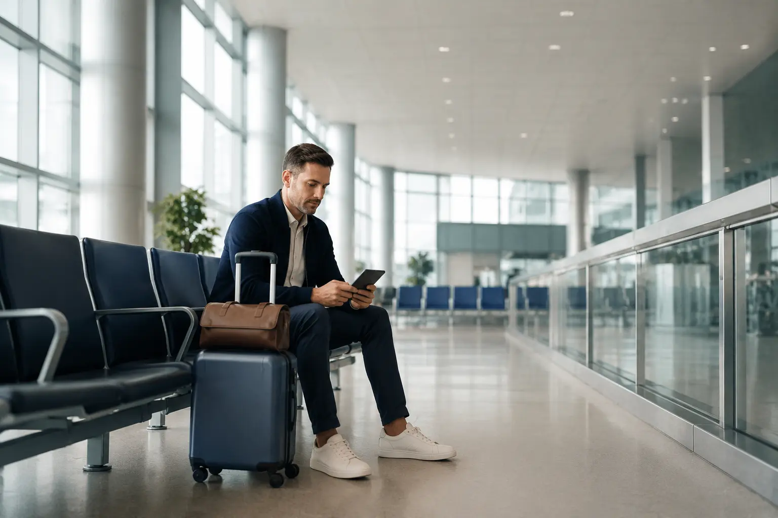 Traveller reviewing journey details beside luggage in an airport waiting area