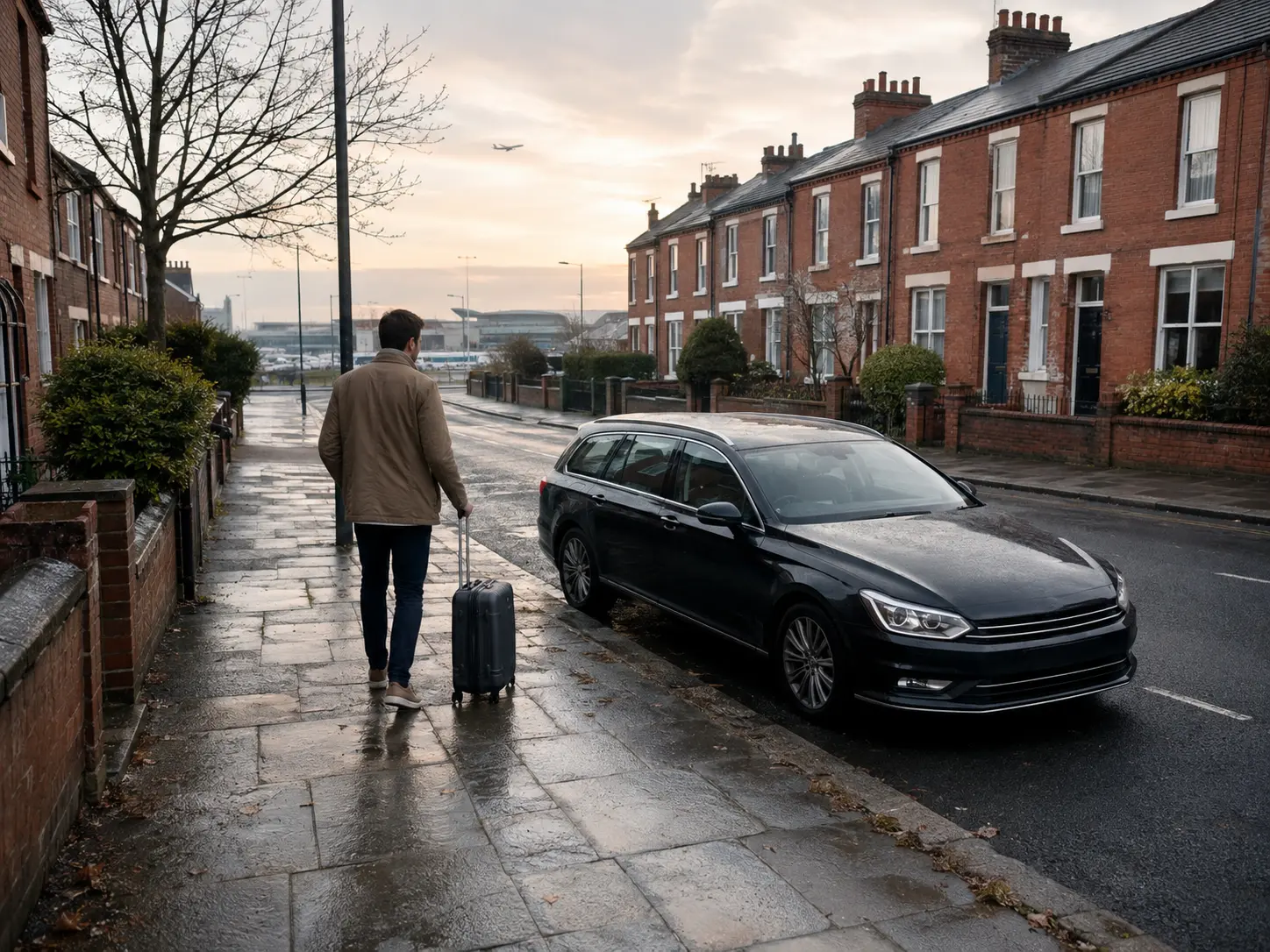 Traveller pulls a suitcase towards a parked estate car on a wet British residential street