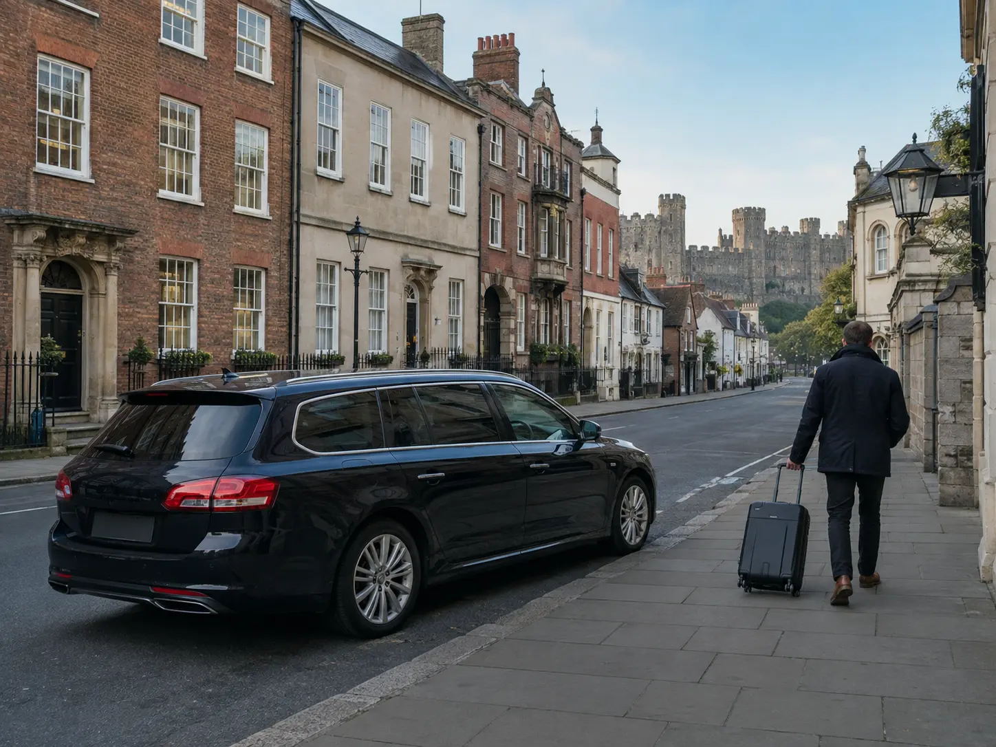 Airport transfer vehicle parked at the kerb on a Windsor high street