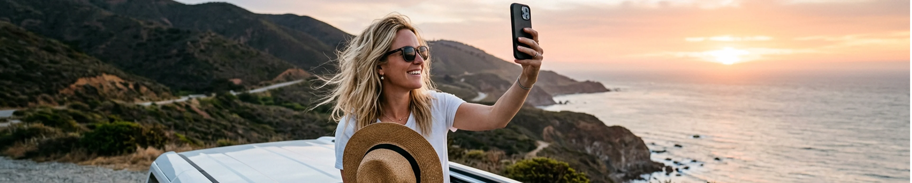 Woman taking a sunset selfie on a coastal road trip.